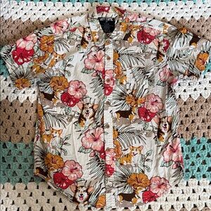 Hot Topic Beige Ted Corgi Dog Hawaiian Floral Button Up Shirt Men’s sz Medium